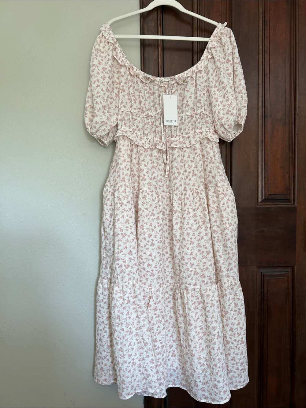 WORTH Pink Floral Midi Dress with Puff Sleeves